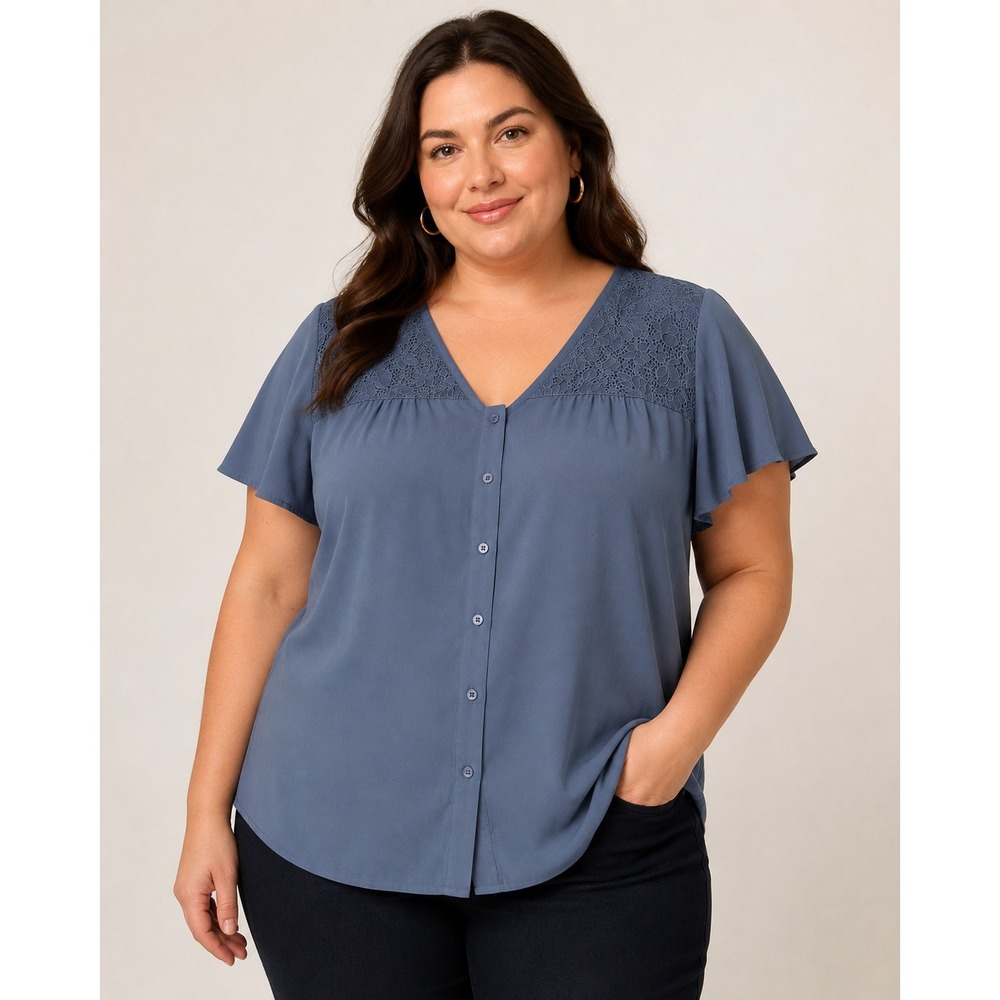 Agnes Orinda Blue Lace Yoke V-Neck Button Down Flutter Sleeve Blouse 2X